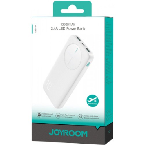 Батарея универсальная JOYROOM 10000mAh 12W QC, 2xUSB-A, USB-C In/Out White (JR-PBF12)
