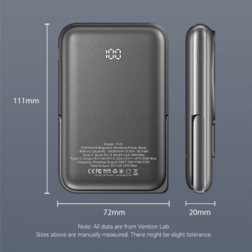 Батарея универсальная VENTION Magnetic Wireless 10000mAh 20W PD USB-C In/Out, QI-15W Black (FHNB0)