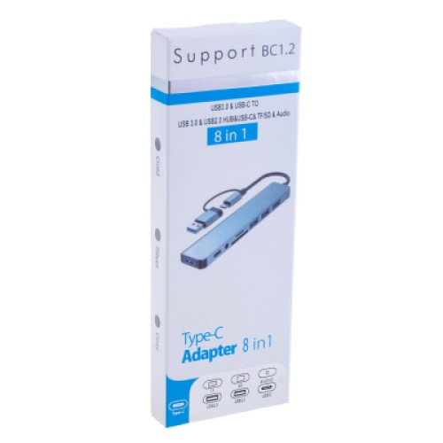 Концентратор Dynamode USB-C/A 8-in-1 1xUSB-C + 1xUSB 3.0 + 3xUSB 2.0 + 3.5mm audio + SD/TF silver (BYL-2218TU)