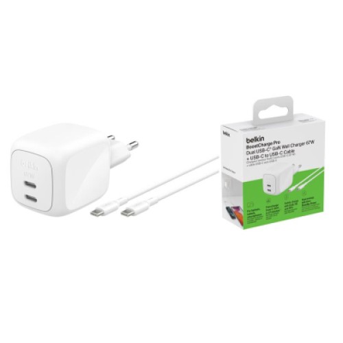 Зарядное устройство Belkin 2xUSB-C PD67W GaN PPS + cable USB-C to USB-C 2.0m white (WCH020KQ2MWH-B6)