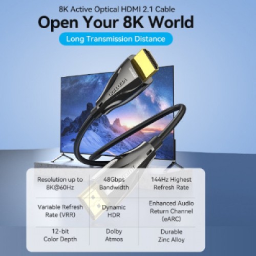 Кабель мультимедийный HDMI M to HDMI M 15.0m V2.1 Optical 8K 60Hz 48Gbps Dolby 7.1 black VENTION (ALBBN)