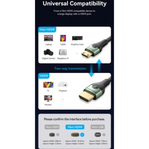Кабель мультимедийный HDMI M to HDMI mini M 1.0m V2.1 8K 60Hz green VENTION (AGJGF)