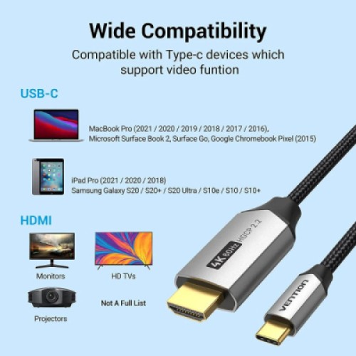 Кабель мультимедийный USB-C to HDMI M 2.0m V2.0 4K 60Hz black VENTION (CRBBH)