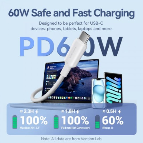 Дата кабель USB-C to USB-C 1.0m 60W white VENTION (TRCWF)