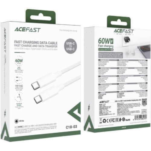 Дата кабель USB-C to USB-C 1.2m 3A white Acefast (6974316284253)