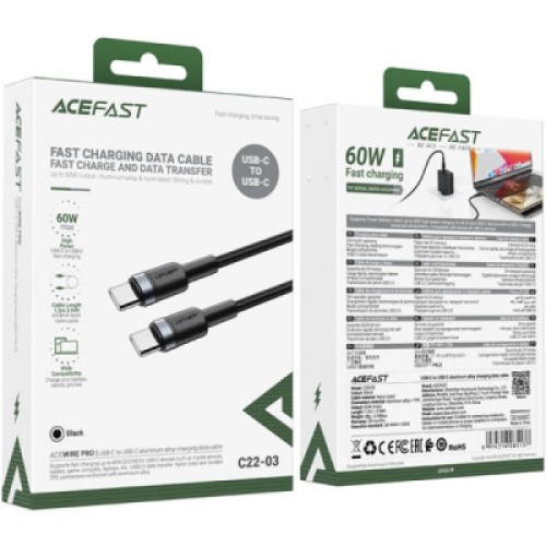 Дата кабель USB-C to USB-C 1.2m 60W black Acefast (6974316285137)