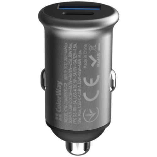 Зарядное устройство ColorWay USB-C PD30W + USB QC3.0 car adapter (CW-CHA065PD-GR)