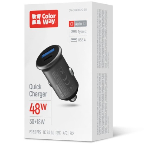 Зарядное устройство ColorWay USB-C PD30W + USB QC3.0 car adapter (CW-CHA065PD-GR)