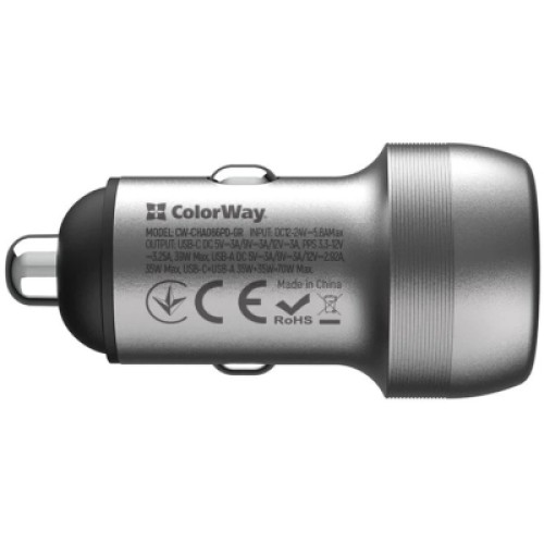 Зарядное устройство ColorWay USB-C PD35W + USB QC3.0 car adapter (CW-CHA066PD-GR)