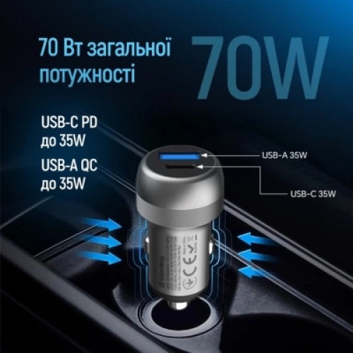 Зарядное устройство ColorWay USB-C PD35W + USB QC3.0 car adapter (CW-CHA066PD-GR)