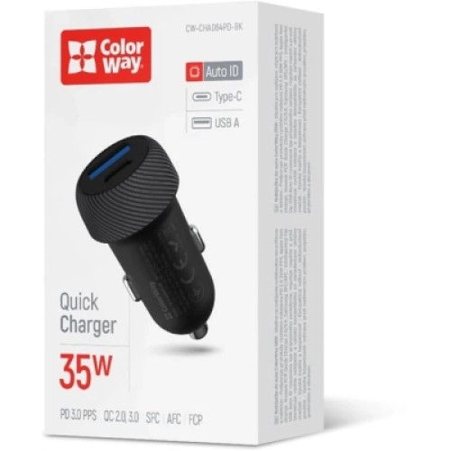 Зарядное устройство ColorWay USB-C PD35W + USB QC3.0 car adapter (CW-CHA064PD-BK)