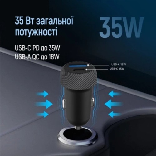 Зарядное устройство ColorWay USB-C PD35W + USB QC3.0 car adapter (CW-CHA064PD-BK)
