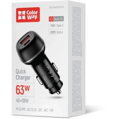 Зарядное устройство ColorWay USB-C PD45W + USB QC3.0 car adapter (CW-CHA067PD-BK)