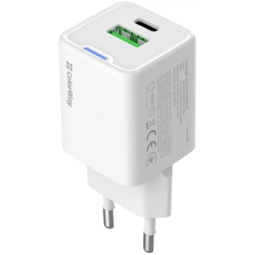 Зарядное устройство ColorWay USB-C PD20W + 1xUSB QC4.0 white (CW-CHS062PD-WT)