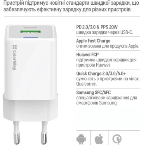 Зарядное устройство ColorWay USB-C PD20W + 1xUSB QC4.0 white (CW-CHS062PD-WT)