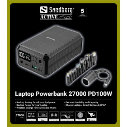Батарея универсальная Sandberg 27000mAh Laptop DC1224v 84W, PD/100W, QC/3.0, QI/10W, PowerThrough (421-13)