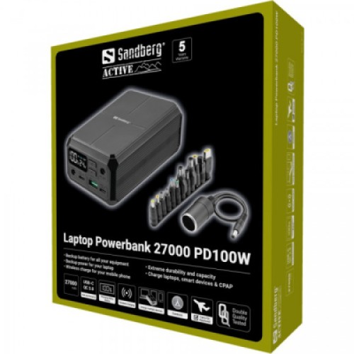 Батарея универсальная Sandberg 27000mAh Laptop DC1224v 84W, PD/100W, QC/3.0, QI/10W, PowerThrough (421-13)