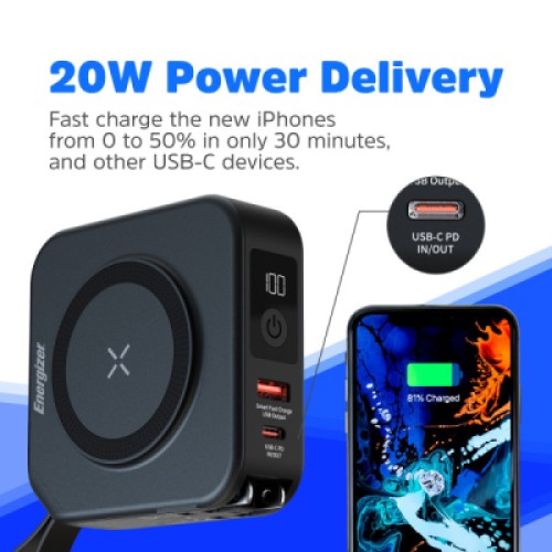 Батарея универсальная Energizer Magnetic Wireless 10000mAh 20W PD, AC зарядка, QI/15W, built-in USB-C (QM10001AC)