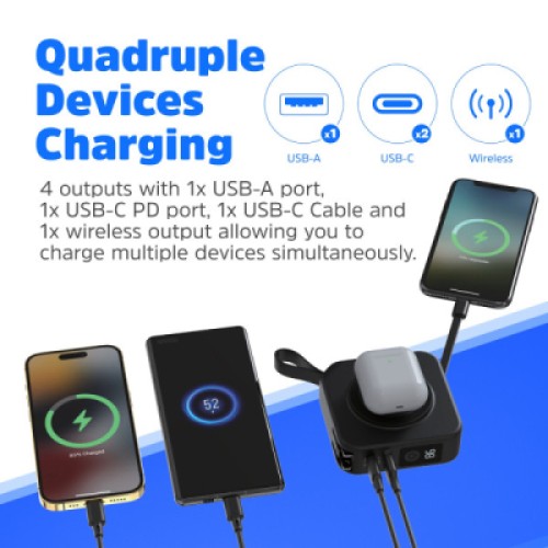 Батарея универсальная Energizer Magnetic Wireless 10000mAh 20W PD, AC зарядка, QI/15W, built-in USB-C (QM10001AC)