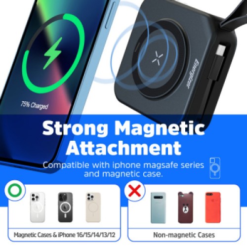 Батарея универсальная Energizer Magnetic Wireless 10000mAh 20W PD, AC зарядка, QI/15W, built-in USB-C (QM10001AC)