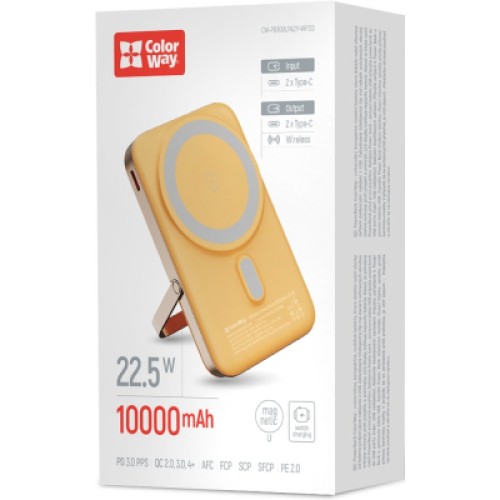 Батарея универсальная ColorWay 10 000 mAh PD/22.5W, 15W MagSafe & Watch Wireless Amber (CW-PB100LPA2Y-WPDD)