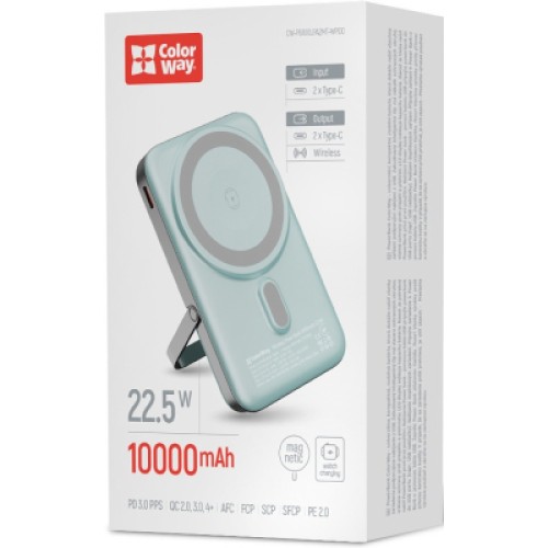Батарея универсальная ColorWay 10 000 mAh PD/22.5W, 15W MagSafe & Watch Wireless Aquamarine (CW-PB100LPA2MT-WPDD)