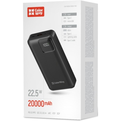 Батарея универсальная ColorWay 20 000 mAh Optimal Power PD/22.5W, QC/3.0, Black (CW-PB200LPB5BK-PDD)