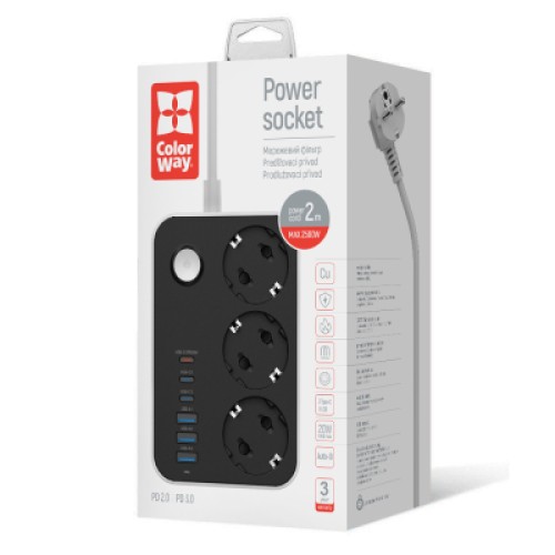 Сетевой фильтр питания ColorWay CW-CHE36PDB, 3 розетки/ 3USB + 3TYPE-C 2M (CW-CHE36PDB)
