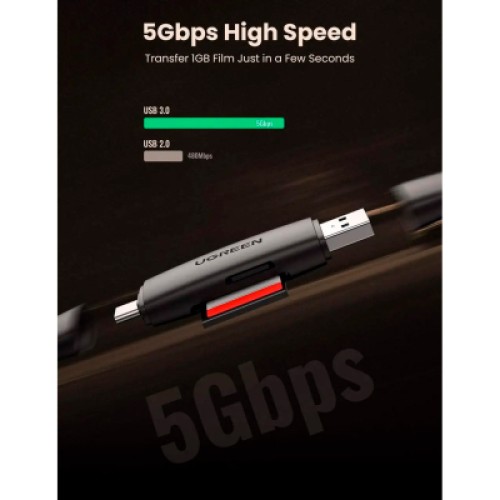 Считыватель флеш-карт Ugreen USB-C + USB to TF/SD 3.0 CM304 black (80191)