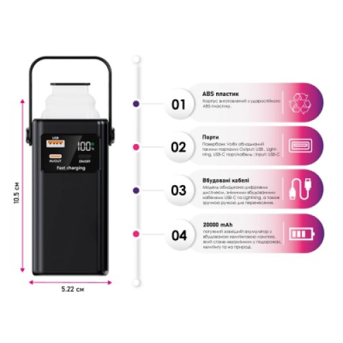 Батарея универсальная TheGeneral 20000mah Glim, 22.5W Fast Charge PD Lamp White (40012919-08)