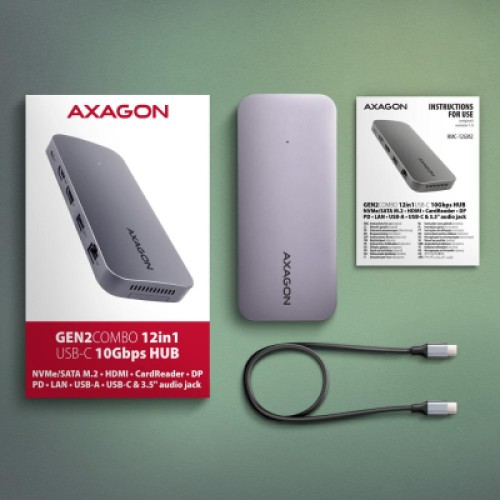Концентратор AXAGON USB-C 12-in-1 HDMI + DisplayPort + RJ45 1000Mbps + PD100W aluminum gray (HMC-12GM2) Концентратор AXAGON USB-C 12-in-1 HDMI + DisplayPort + RJ45 1000Mbps + PD100W aluminum gray (HMC-12GM2)