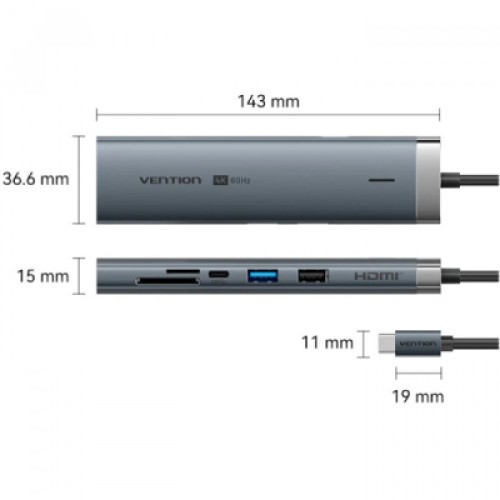 Концентратор VENTION USB-C 9-in-1 HDMI 60Hz + 2xUSB 3.0 + RJ45 + SD/TF + 3.5mm + PD 100W (TGVHB)