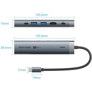 Концентратор VENTION USB-C 6-in-1 HDMI + 2xUSB 3.0 + RJ45 + PD 100W (TGNHB)