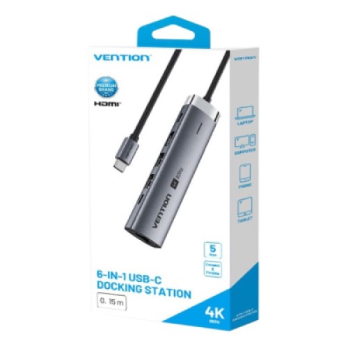 Концентратор VENTION USB-C 6-in-1 HDMI + 2xUSB 3.0 + RJ45 + PD 100W (TGNHB)