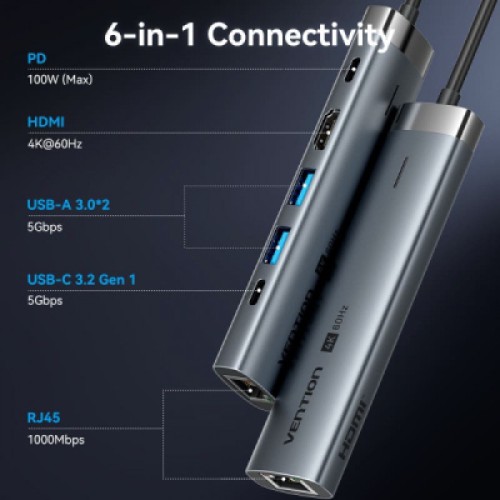 Концентратор VENTION USB-C 6-in-1 HDMI + 2xUSB 3.0 + RJ45 + PD 100W (TGNHB)