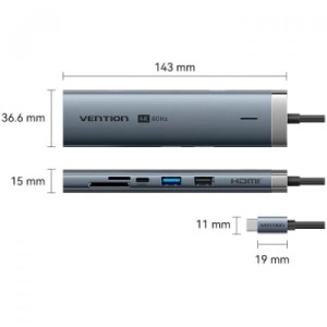 Концентратор VENTION USB-C 8-in-1 HDMI + USB 3.0 + USB 2.0 + RJ45 + SD/TF + PD 100W (TGUHB)
