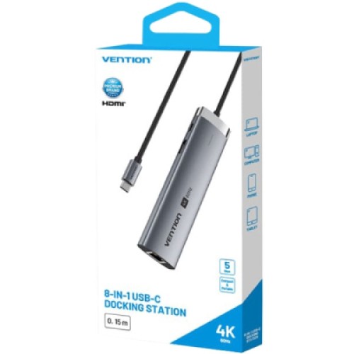 Концентратор VENTION USB-C 8-in-1 HDMI + USB 3.0 + USB 2.0 + RJ45 + SD/TF + PD 100W (TGUHB)
