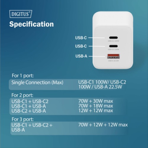 Зарядное устройство Digitus 2xUSB-C + 1xUSB-A GaN 100W (DA-10304)