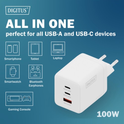 Зарядное устройство Digitus 2xUSB-C + 1xUSB-A GaN 100W (DA-10304)