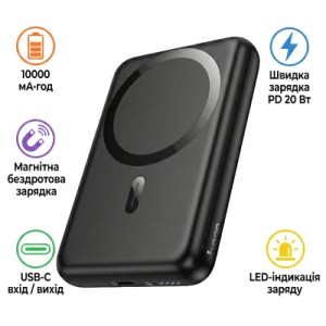Батарея универсальная HOCO 10000mAh Grace PD/20W Magnetic Black (J141 / 714984)