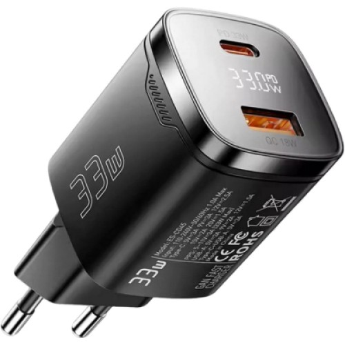 Зарядное устройство 1xUSB-C + 1xUSB 33W GaN black Essager (ECT33W-GMB01-Z)