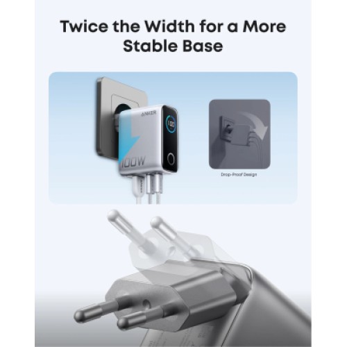 Зарядное устройство Anker 2xUSB-C PD100W + 1xUSB GaN w Display + cable USB-C silver (B121BG41)