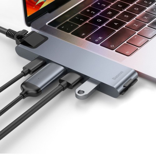 Концентратор Baseus USB-C Thunderbolt 7-in-1 2xUSB 3.0 + 1xUSB-C PD + HDMI 4K60Hz + SD/TF + 1xRJ45 1000Mbps gray (CAHUB-L0G) Концентратор Baseus USB-C Thunderbolt 7-in-1 2xUSB 3.0 + 1xUSB-C PD + HDMI 4K60Hz + SD/TF + 1xRJ45 1000Mbps gray (CAHUB-L0G)