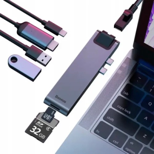 Концентратор Baseus USB-C Thunderbolt 7-in-1 2xUSB 3.0 + 1xUSB-C PD + HDMI 4K60Hz + SD/TF + 1xRJ45 1000Mbps gray (CAHUB-L0G) Концентратор Baseus USB-C Thunderbolt 7-in-1 2xUSB 3.0 + 1xUSB-C PD + HDMI 4K60Hz + SD/TF + 1xRJ45 1000Mbps gray (CAHUB-L0G)