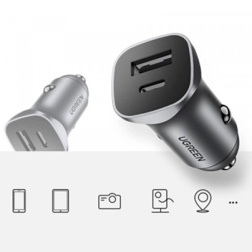 Зарядное устройство Ugreen 1xUSB-C + 1xUSB 30W car adapter CD130 black (40858)