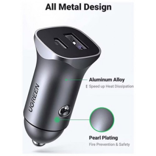 Зарядное устройство Ugreen 1xUSB-C + 1xUSB 30W car adapter CD130 black (40858)