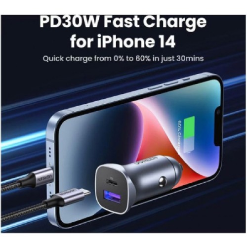 Зарядное устройство Ugreen 1xUSB-C + 1xUSB 30W car adapter CD130 black (40858)