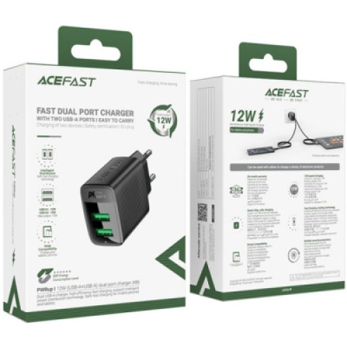Зарядное устройство Acefast 2xUSB 12W A86 black (6974316283270)