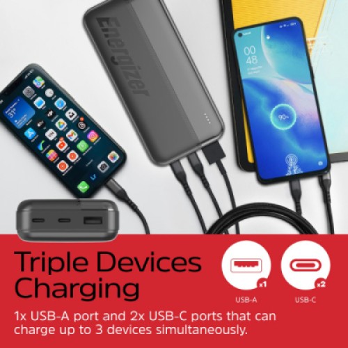 Батарея универсальная Energizer 20000mAh 15W, USB-А, 2*USB-C, Black (UE20050CC)