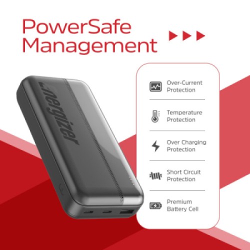 Батарея универсальная Energizer 20000mAh 15W, USB-А, 2*USB-C, Black (UE20050CC)